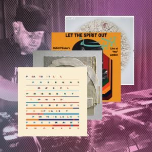 Four record covers layered on top of each other in front of a stylised pink halftone image of a person DJ-ing.