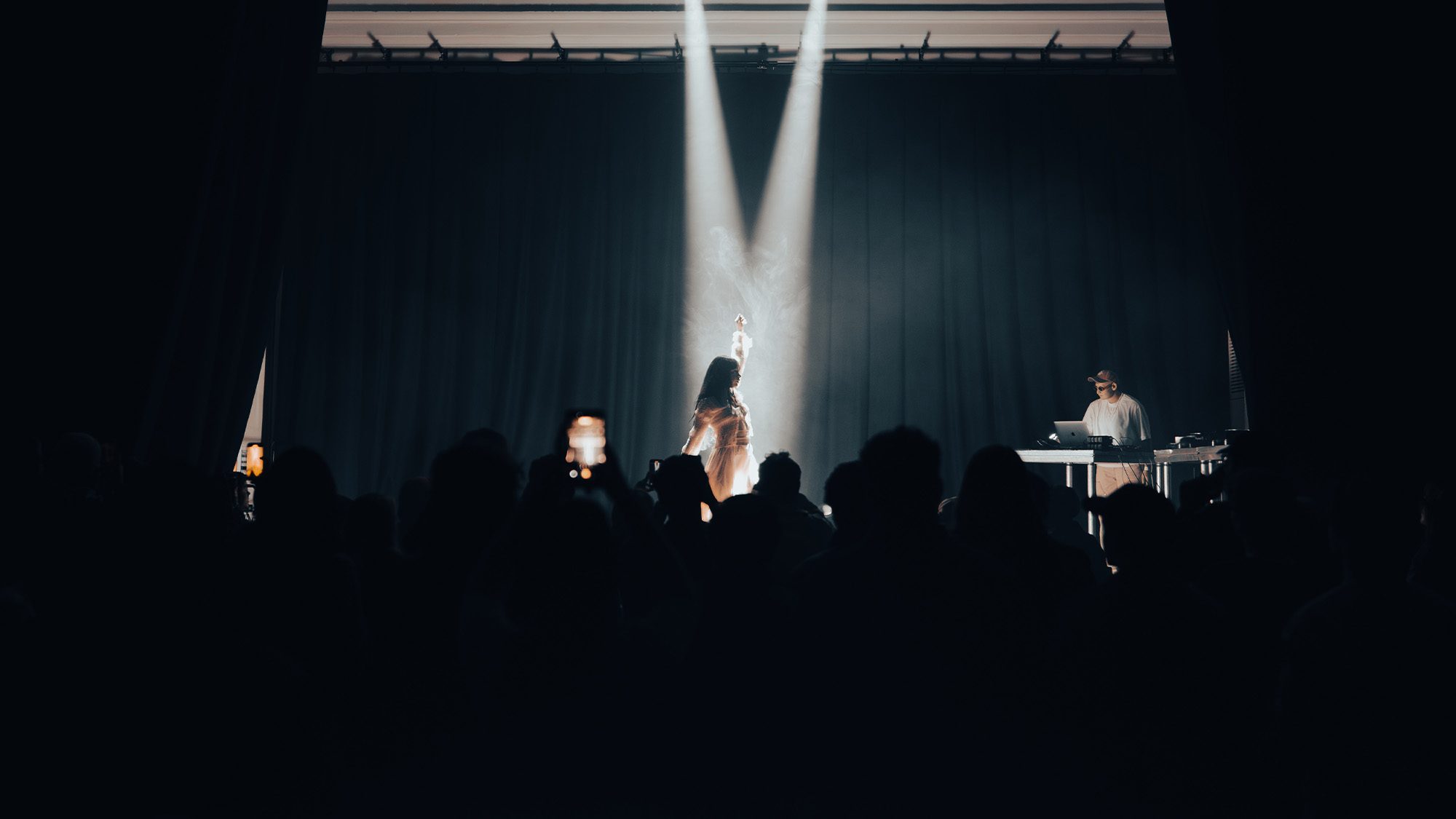A singer performs on stage, raising one arm in the air beneath a bright floodlight. A crowd of audience members watch.