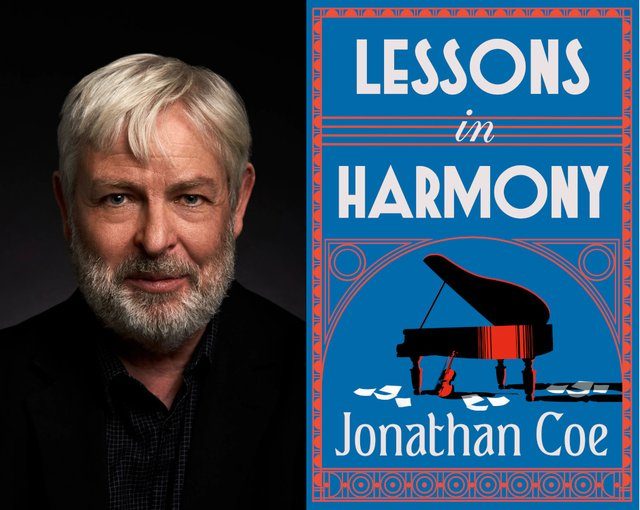 A composite image of headshot of a person with grey hair and a beard. The secondary image is a book cover with 1920s style font reading Lessons in Harmony and an illustration of a piano